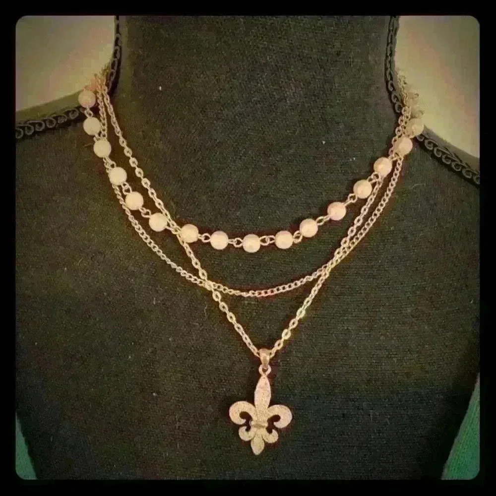 Gold Tone 3 Layer Multi Strand Fleur-de-lis Pendant Necklace